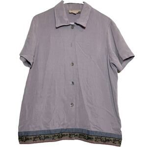 Earth Song Button Down Shirt 100% Tencel Embroidered Hem Collared Medium